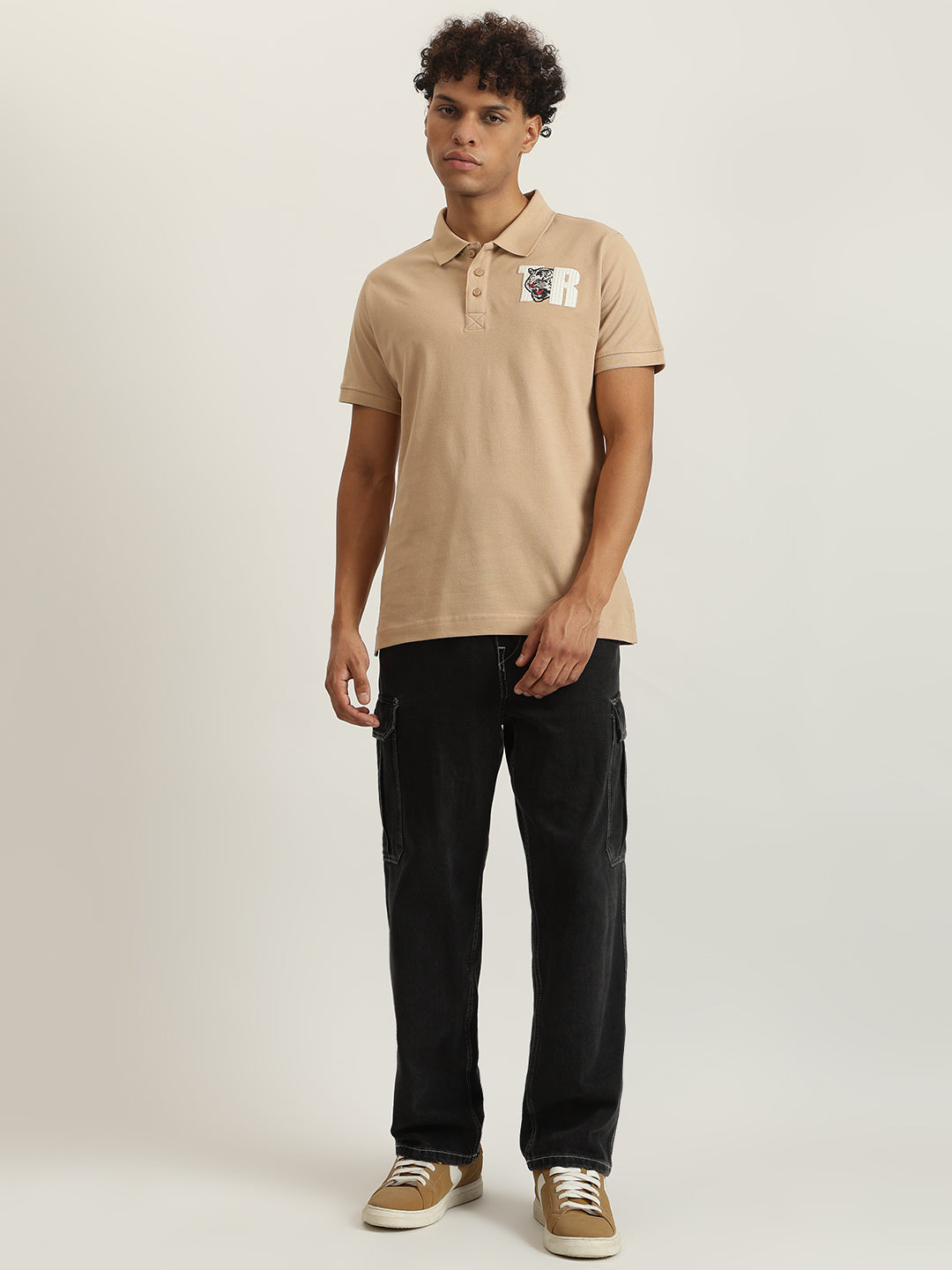 True Religion Men Beige Solid Collared Short Sleeves Polo Tshirt
