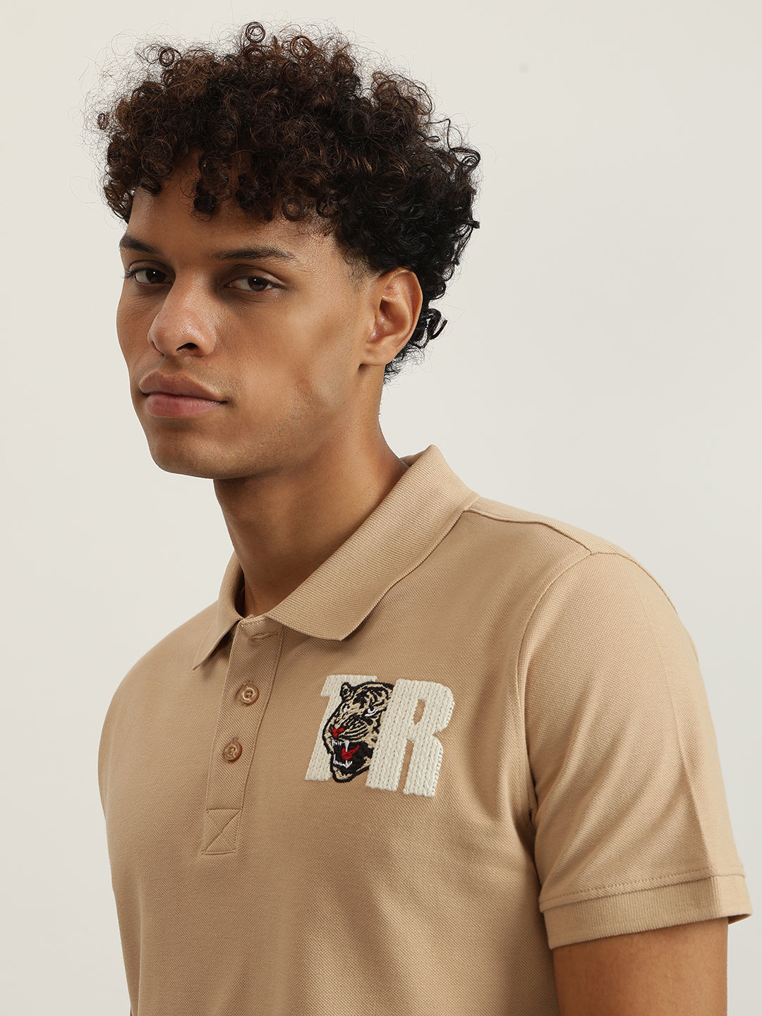 True Religion Men Beige Solid Collared Short Sleeves Polo Tshirt
