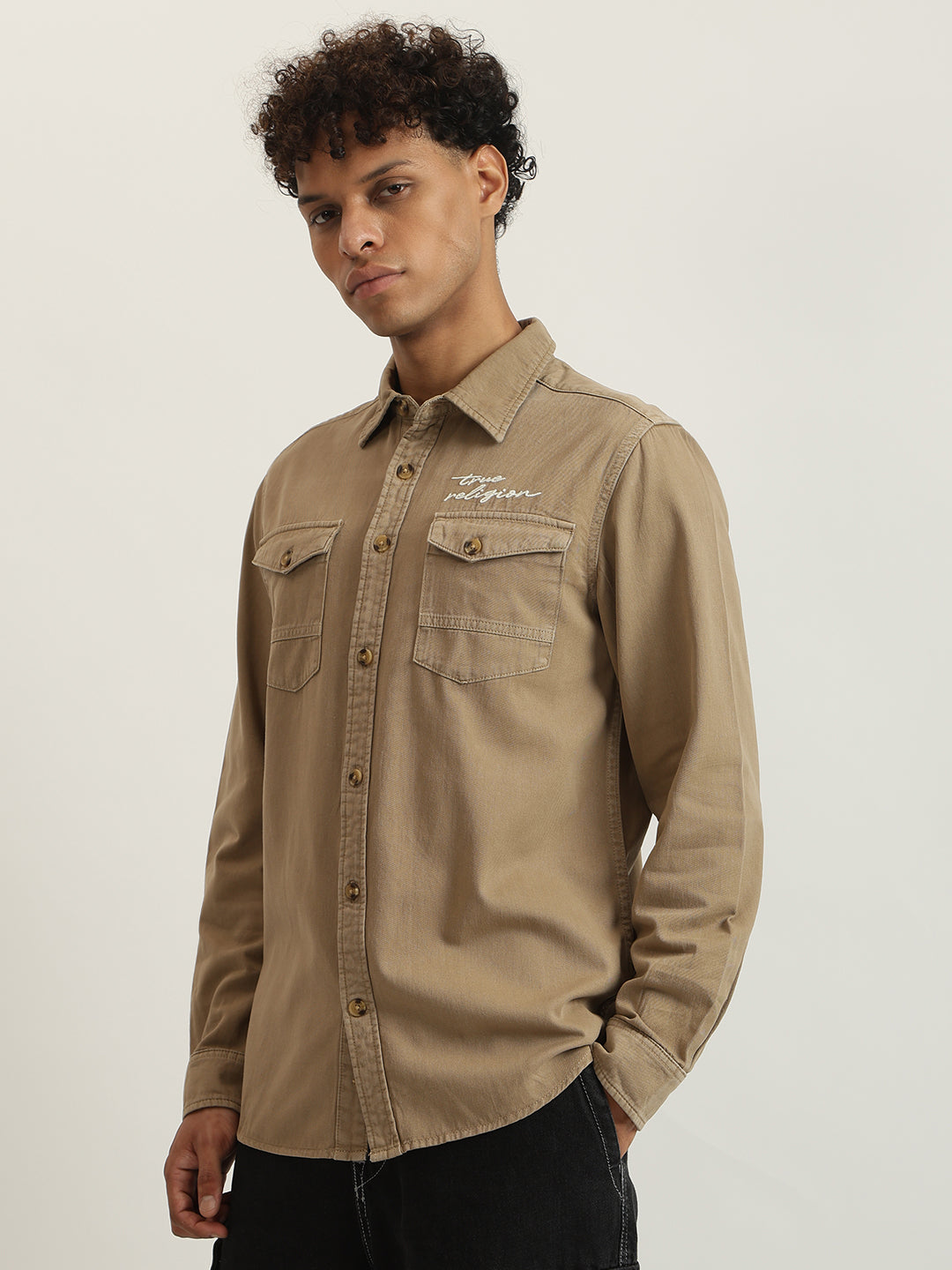 Men beige embroidered spread collar full sleeves shirt
