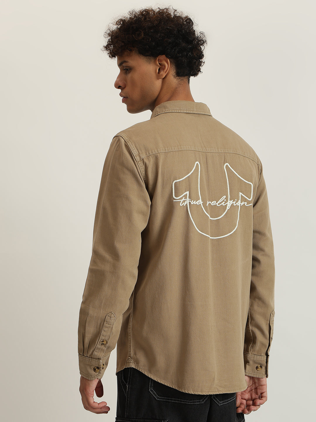 Men beige embroidered spread collar full sleeves shirt