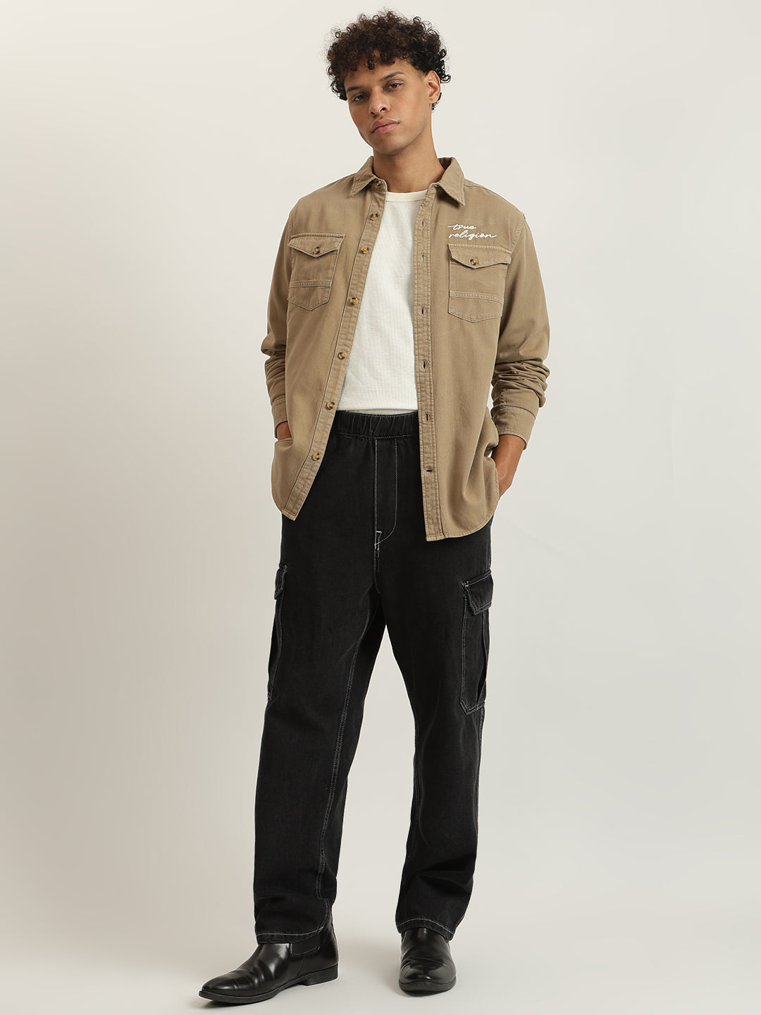 Men beige embroidered spread collar full sleeves shirt
