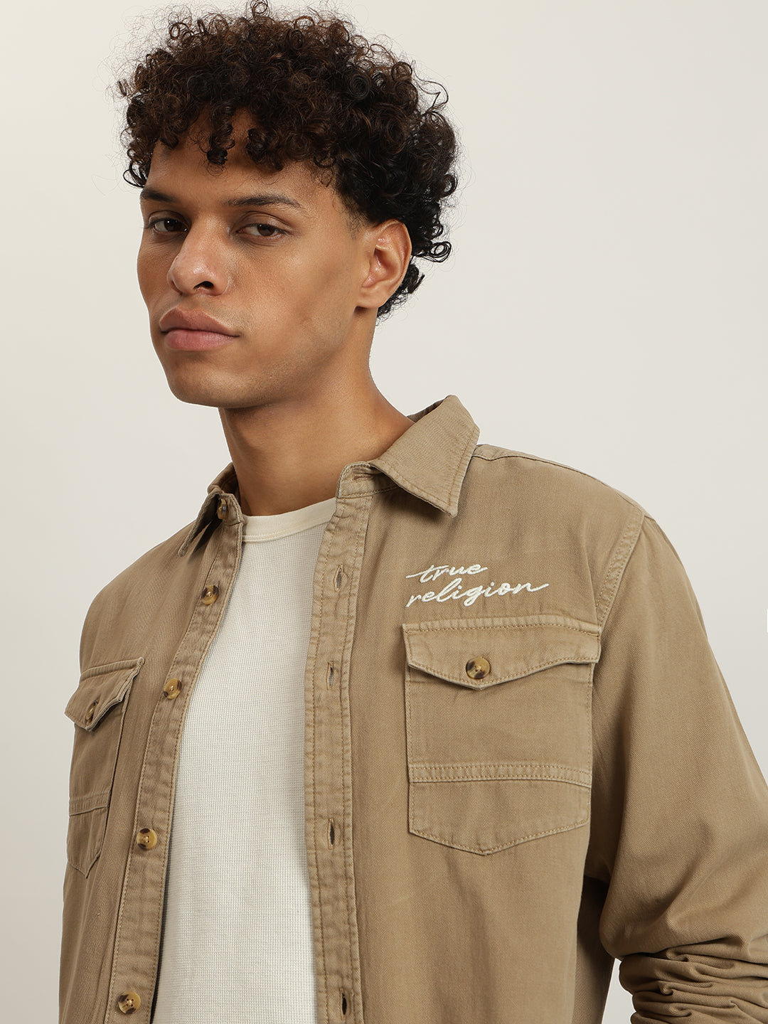 Men beige embroidered spread collar full sleeves shirt