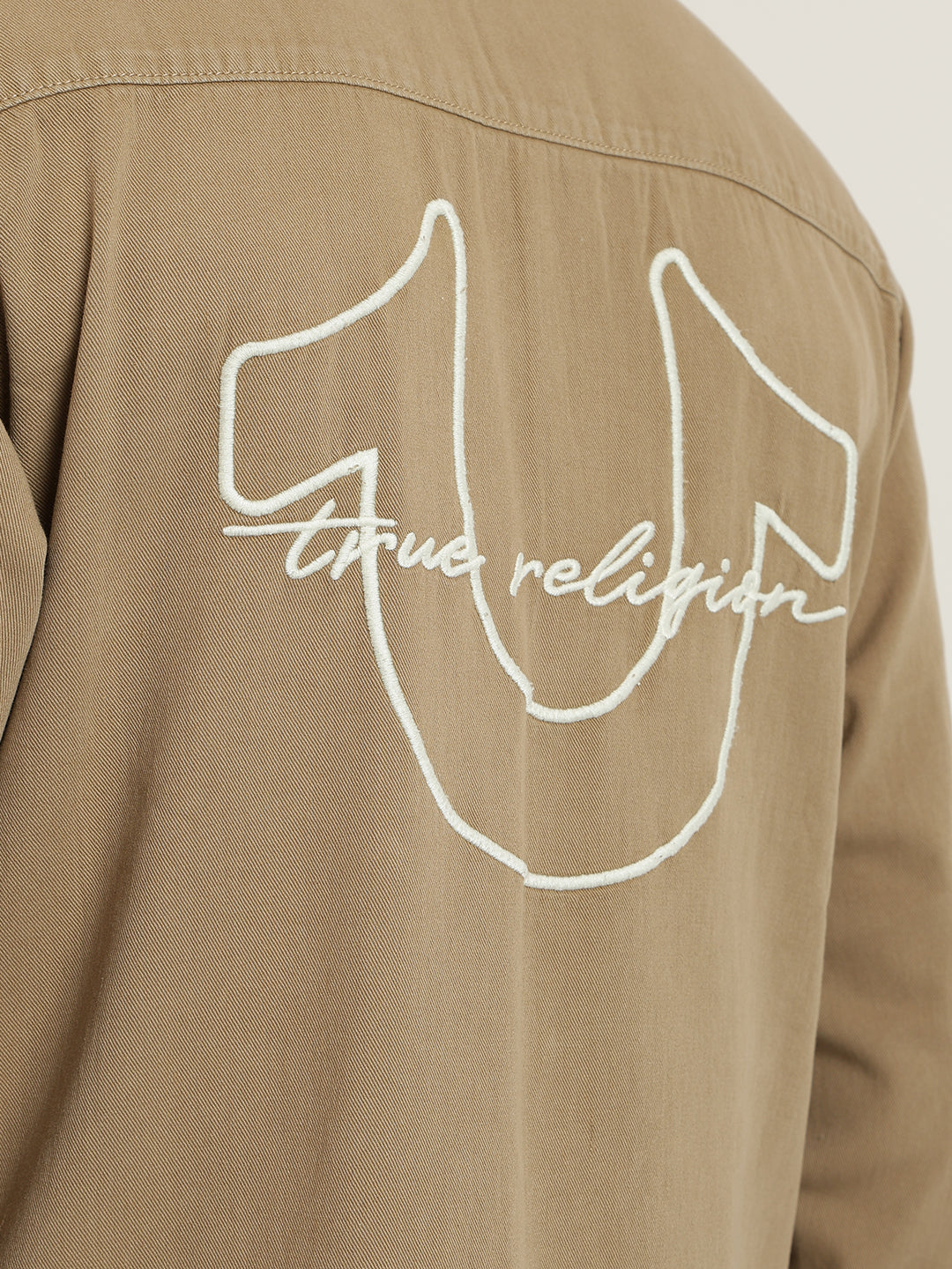 Men beige embroidered spread collar full sleeves shirt