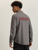 True Religion Men Grey Embroidered Spread Collar Full Sleeves Shirt