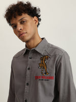 True Religion Men Grey Embroidered Spread Collar Full Sleeves Shirt