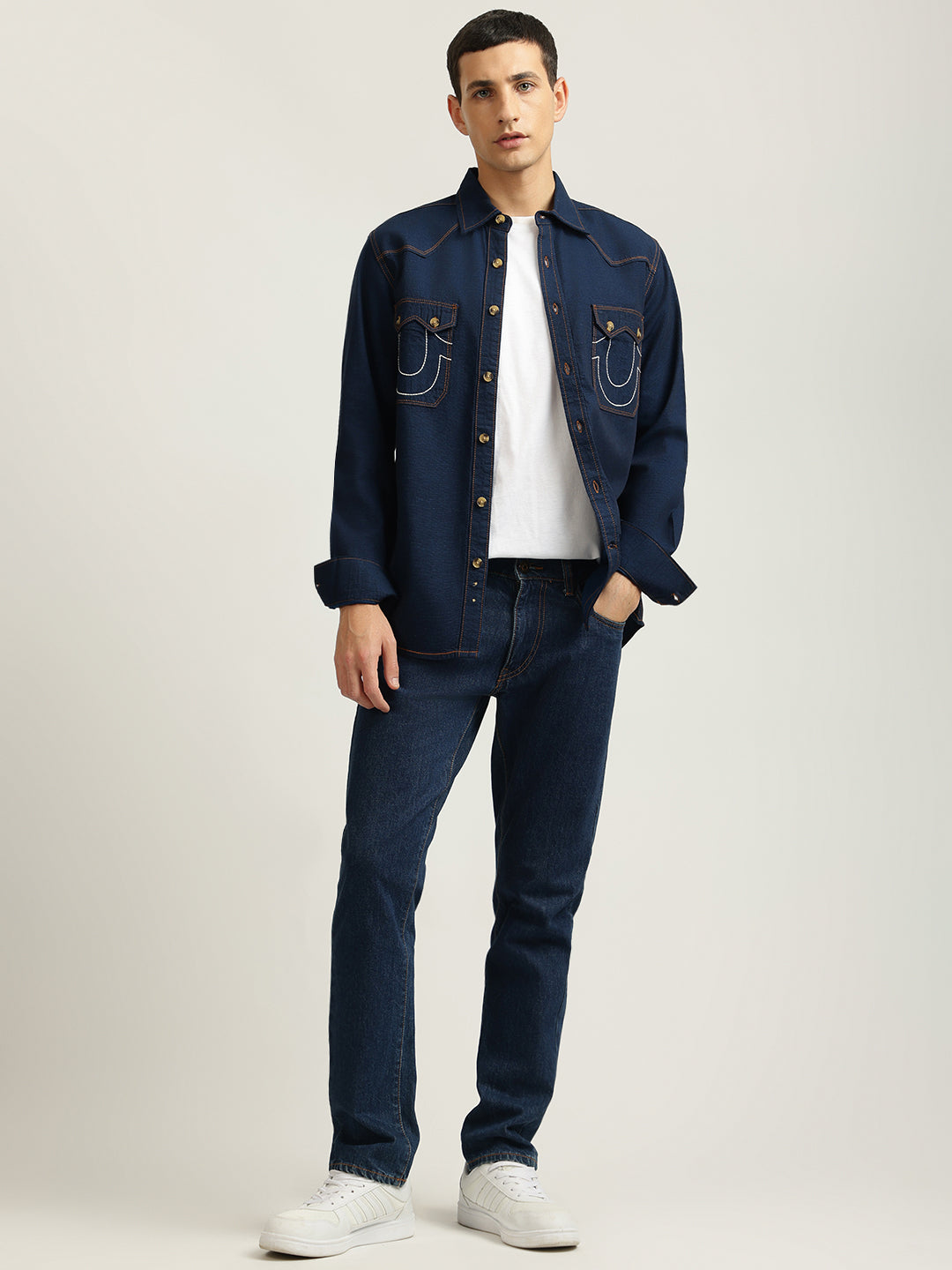 Men navy solid spread collar full sleeves shirt