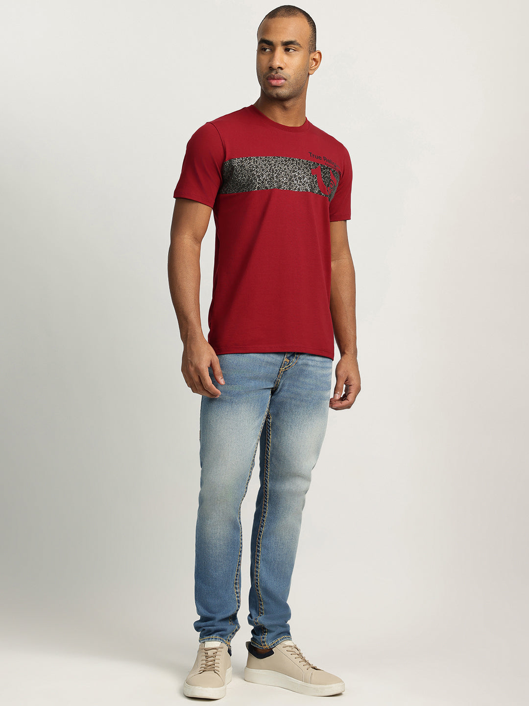 True Religion Men Red Printed Round Neck Short Sleeves Tshirt