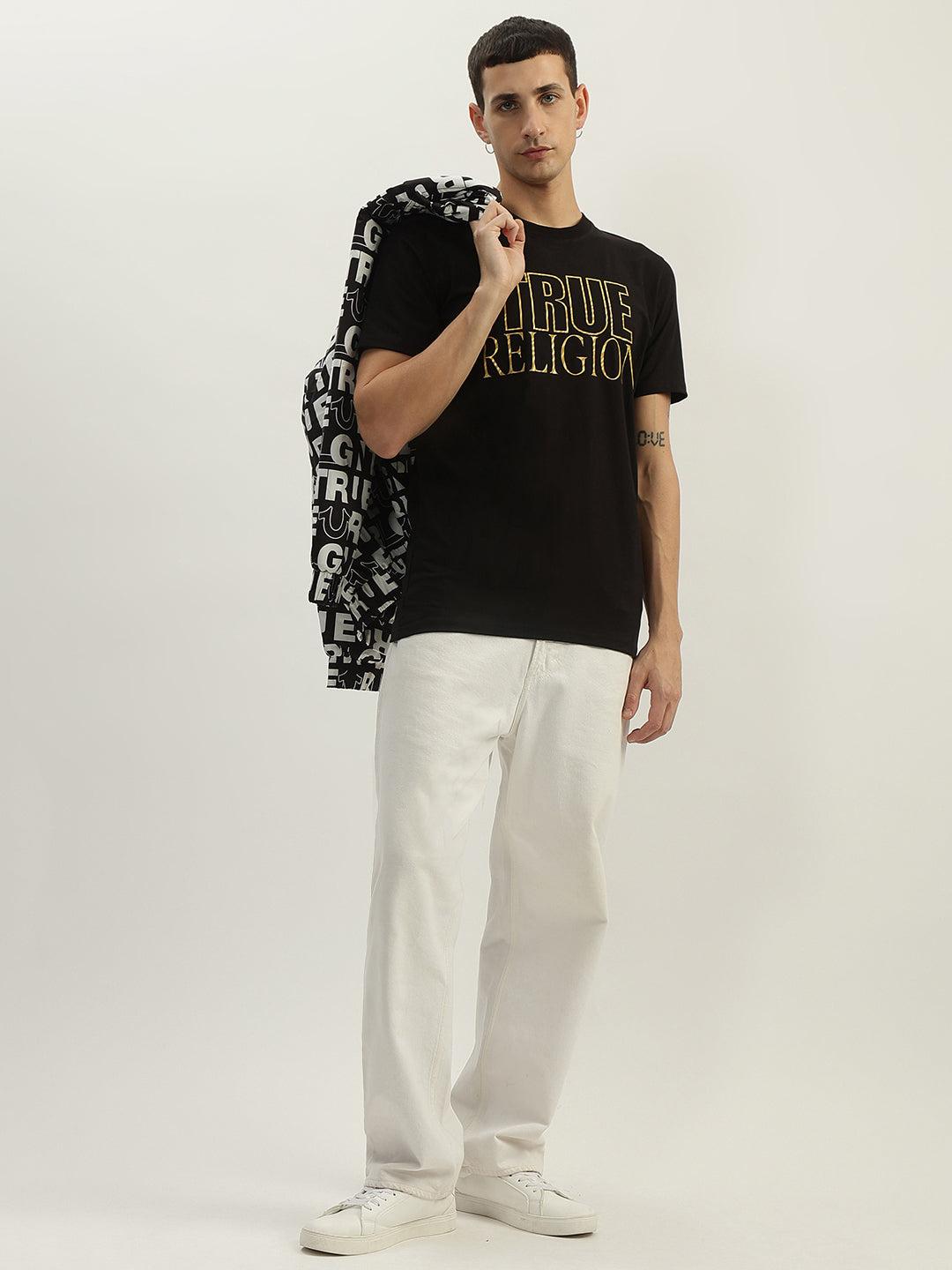 True Religion Men Black Printed Round Neck Short Sleeves Tshirt
