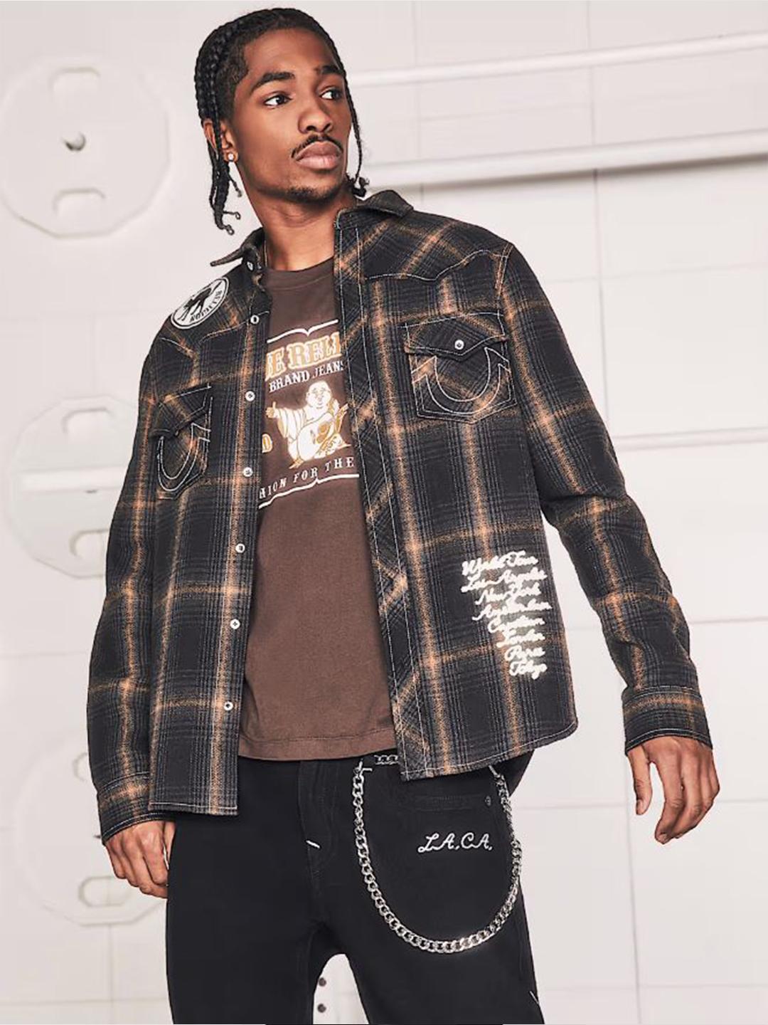 Mens black spread collar full sleeve patch work shirt