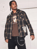 True Religion Mens Black Spread Collar Full Sleeve Patch Work Shirt