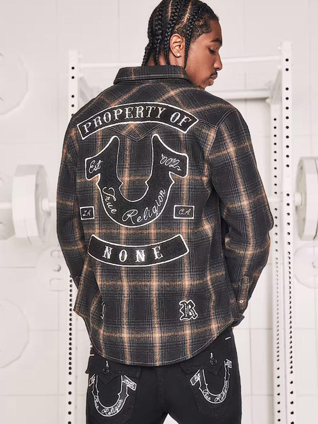 Mens black spread collar full sleeve patch work shirt