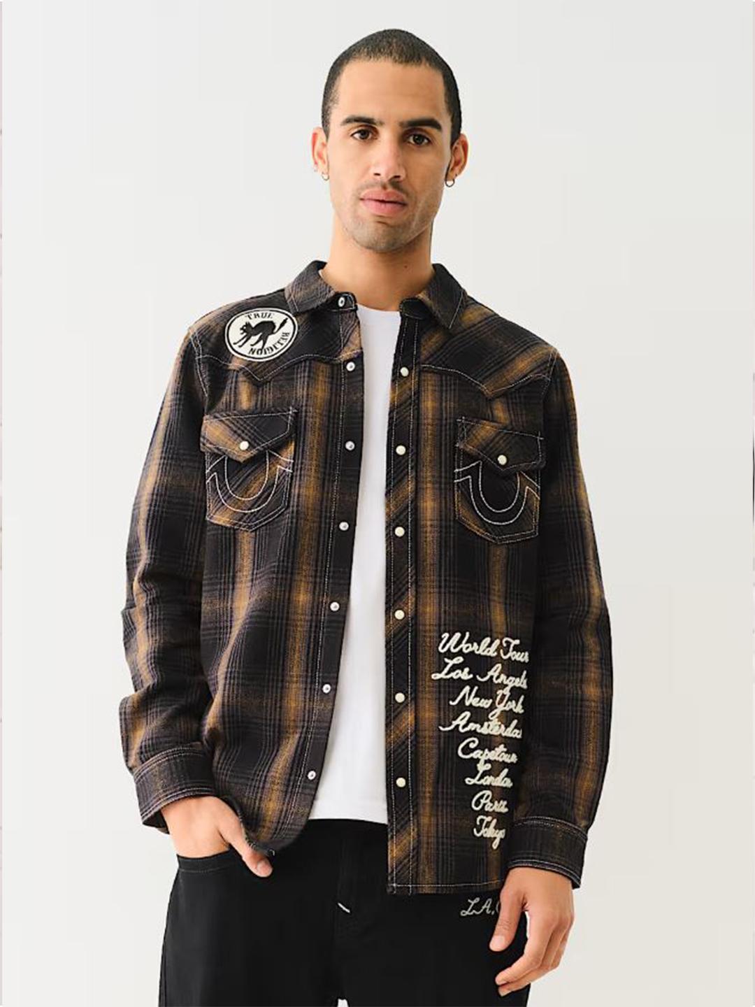 Mens black spread collar full sleeve patch work shirt