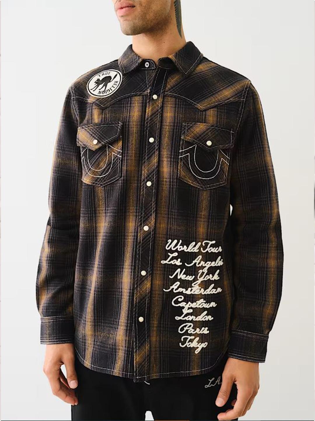 Mens black spread collar full sleeve patch work shirt