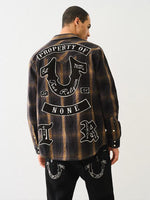 True Religion Mens Black Spread Collar Full Sleeve Patch Work Shirt