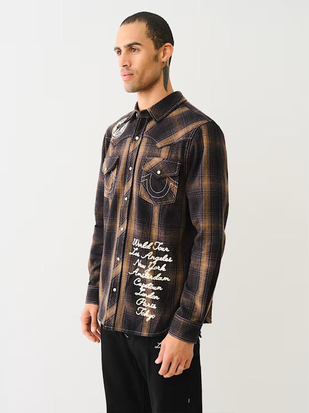 True Religion Mens Black Spread Collar Full Sleeve Patch Work Shirt