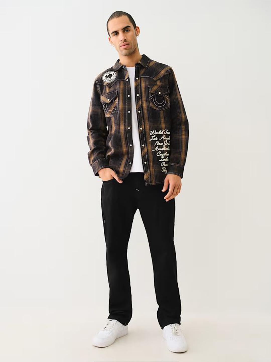 Mens black spread collar full sleeve patch work shirt