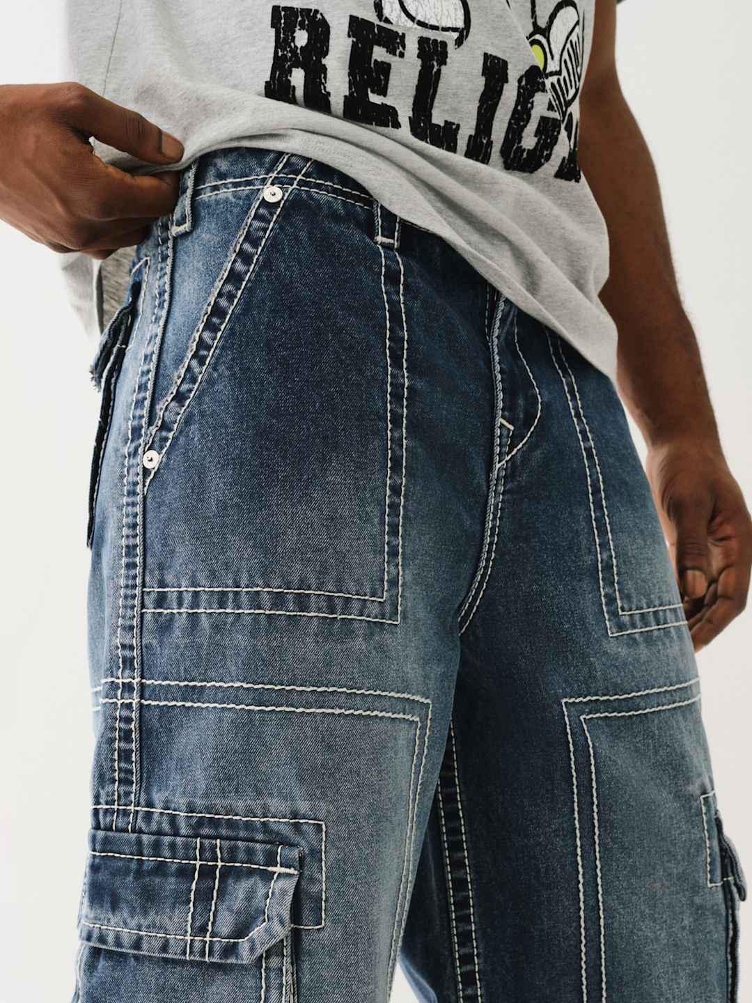 True Religion Men Blue Oversize Fit Washed Trouser