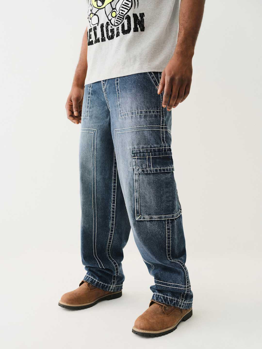 True Religion Men Blue Oversize Fit Washed Trouser