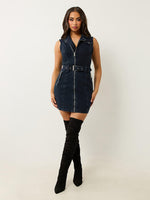 True Religion Women Blue Lapel Sleeveless Denim Bodycon Dress