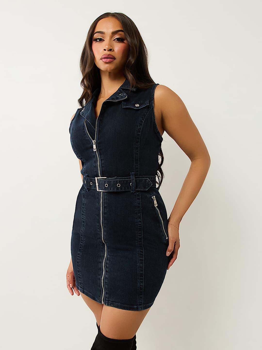 Women blue lapel sleeveless denim bodycon dress