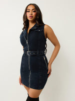True Religion Women Blue Lapel Sleeveless Denim Bodycon Dress