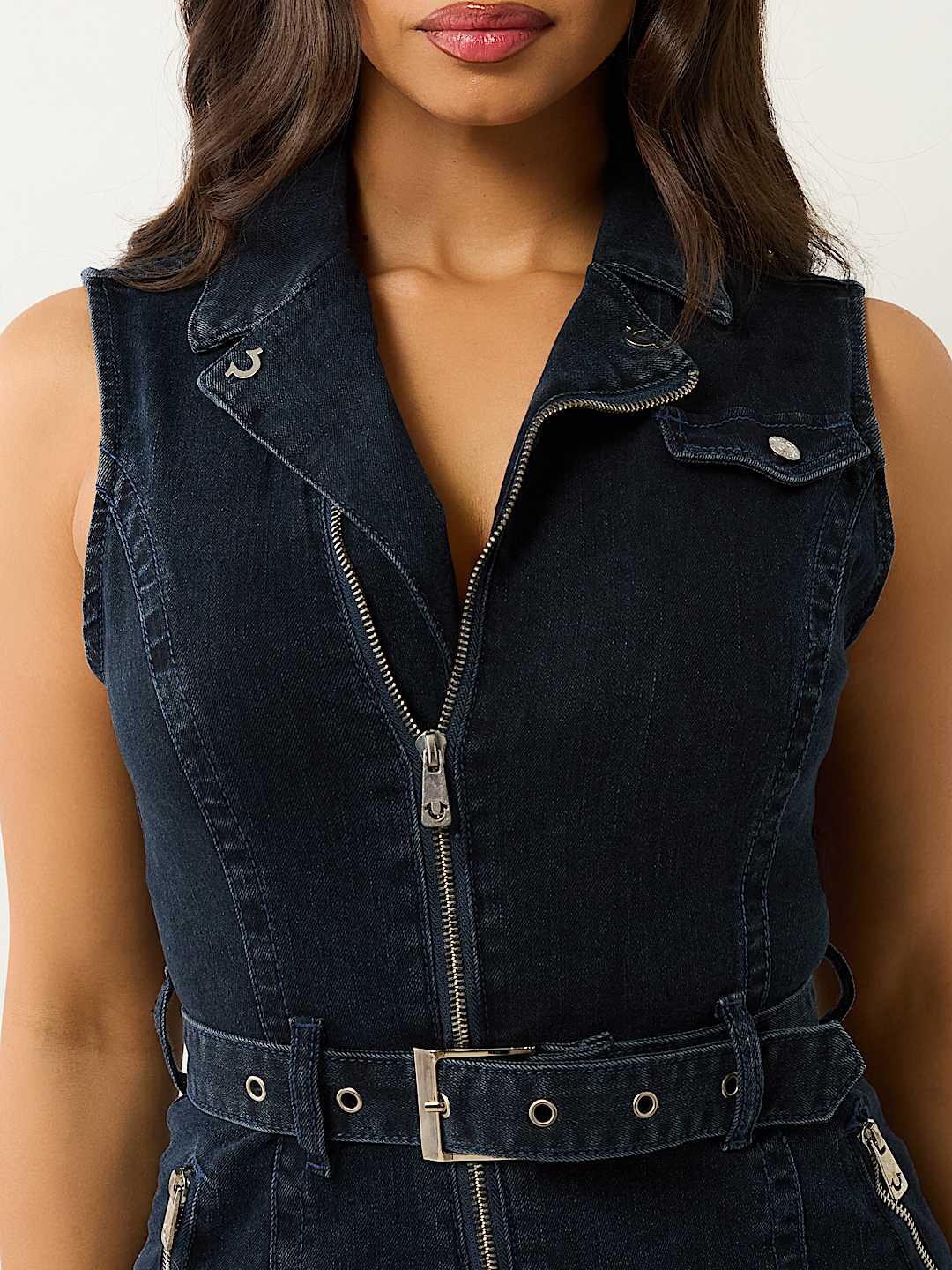Women blue lapel sleeveless denim bodycon dress