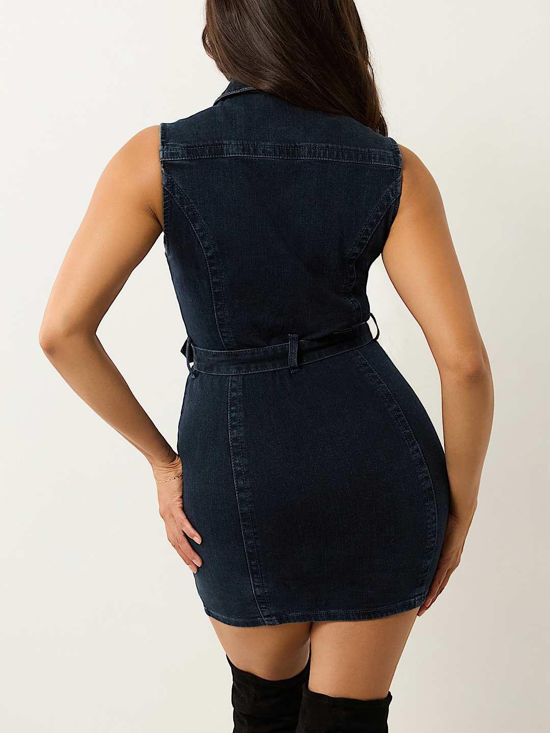 Women blue lapel sleeveless denim bodycon dress
