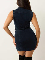 True Religion Women Blue Lapel Sleeveless Denim Bodycon Dress