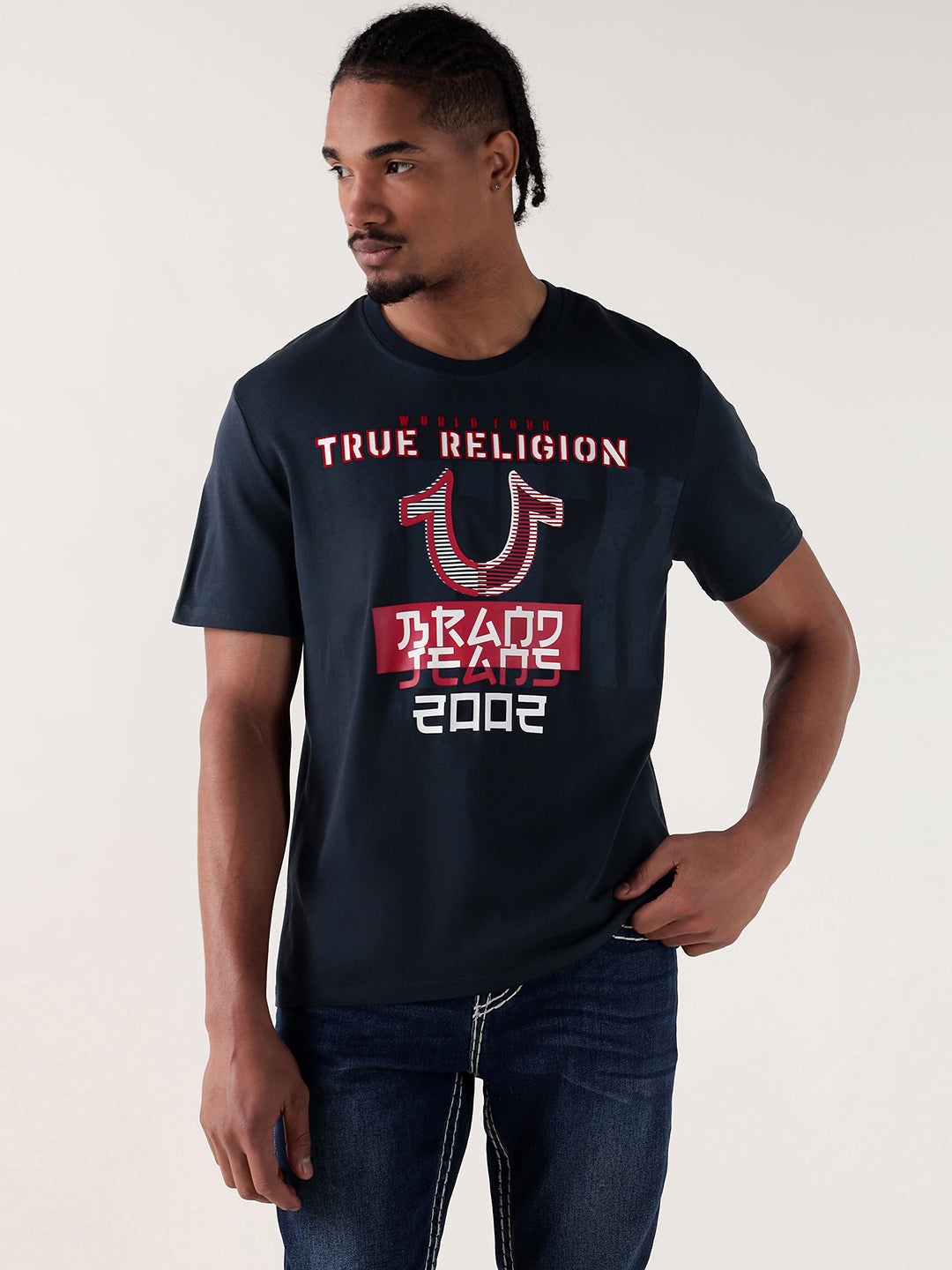 True Religion Men Navy Blue Printed Round Neck Regular Fit T Shirt