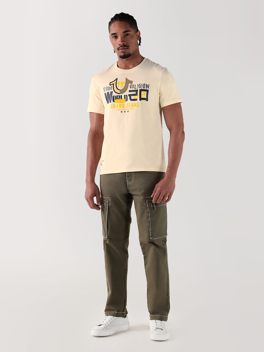 True Religion Men Cream Printed Round Neck Regular Fit T Shirt