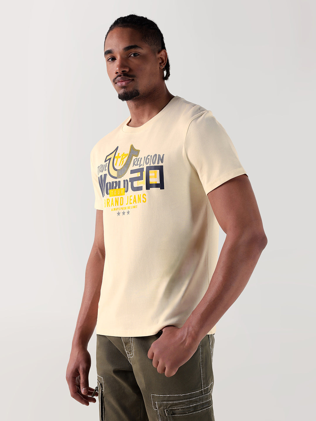 True Religion Men Cream Printed Round Neck Regular Fit T Shirt