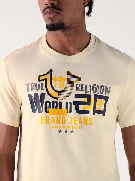 True Religion Men Cream Printed Round Neck Regular Fit T Shirt