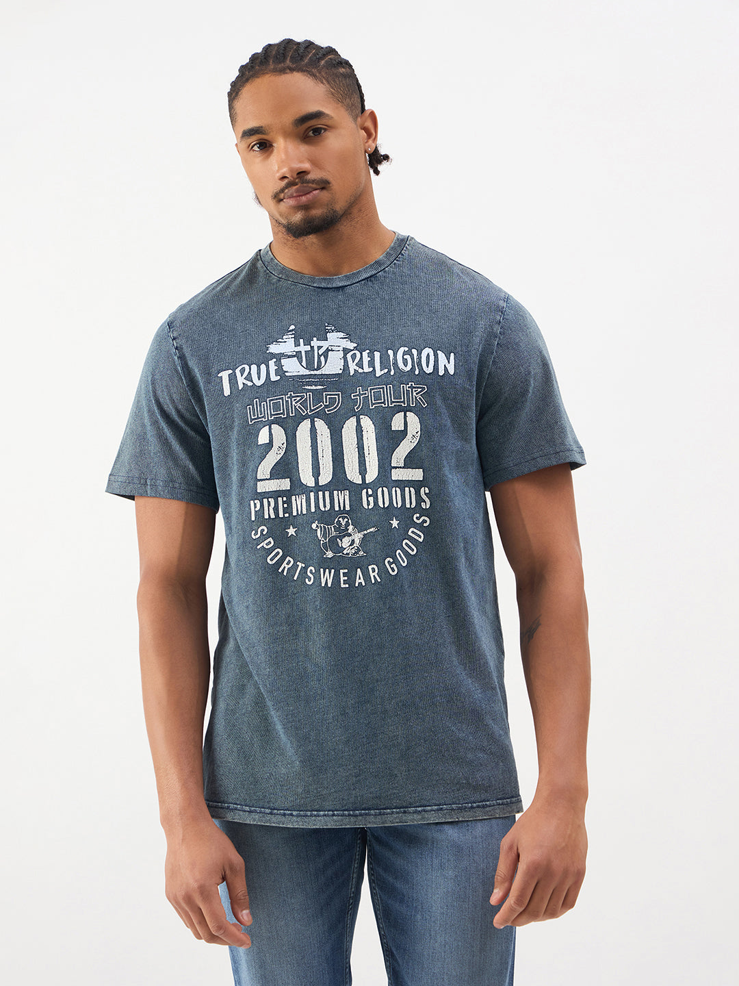 TRUE RELIGION Men Blue Printed Regular Fit Denim T Shirt
