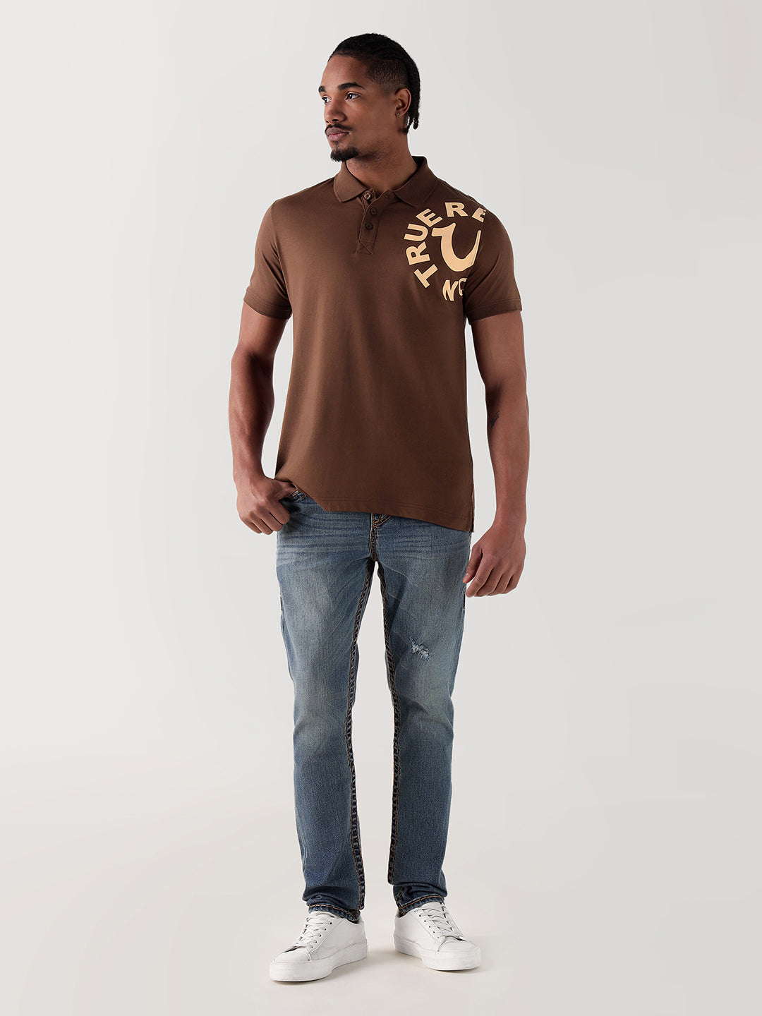 True Religion Men Brown Logo Regular Fit Polo T-Shirt