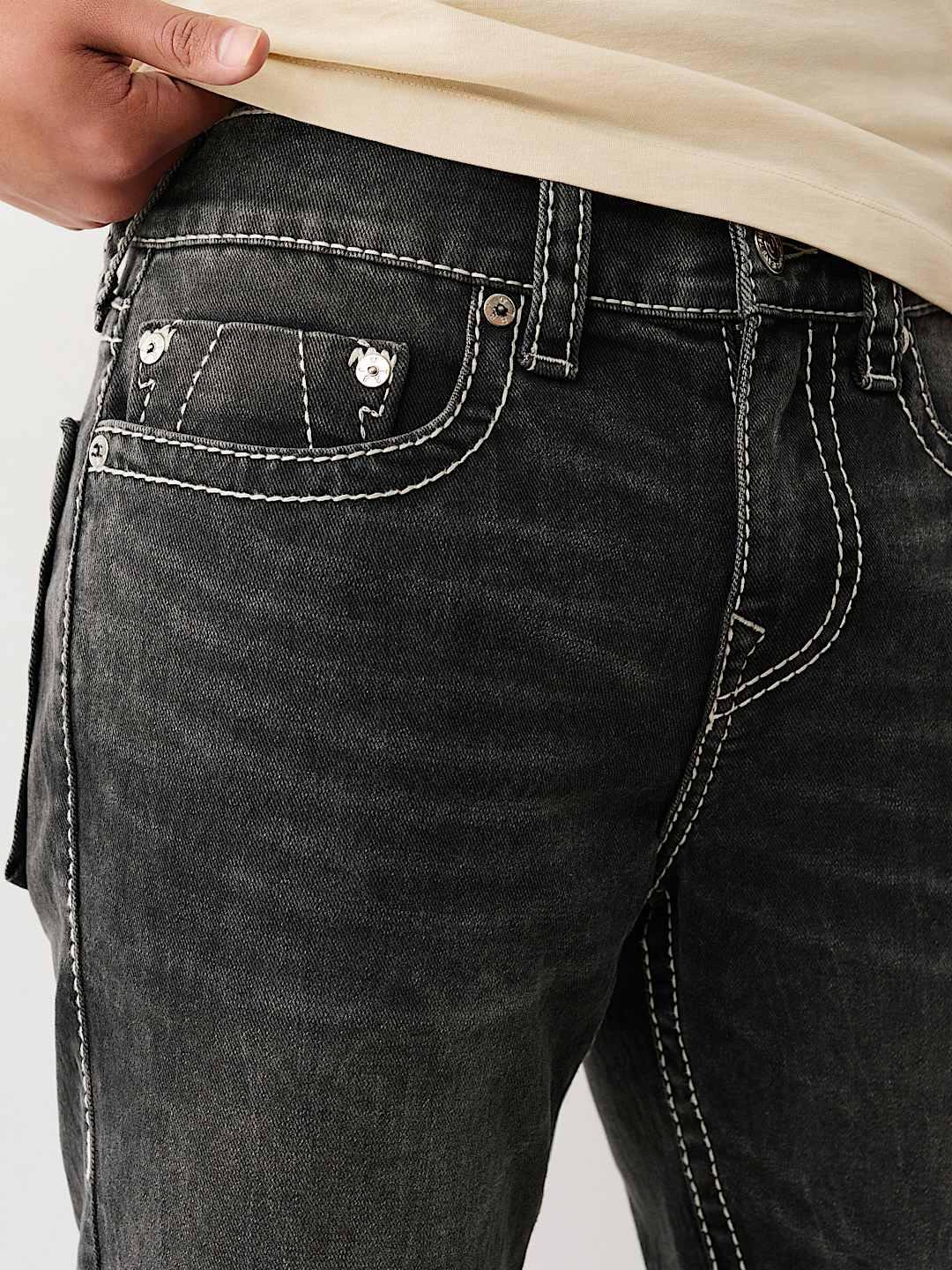 True Religion Men Black Straight Fit Washed Big T Ricky Shorts