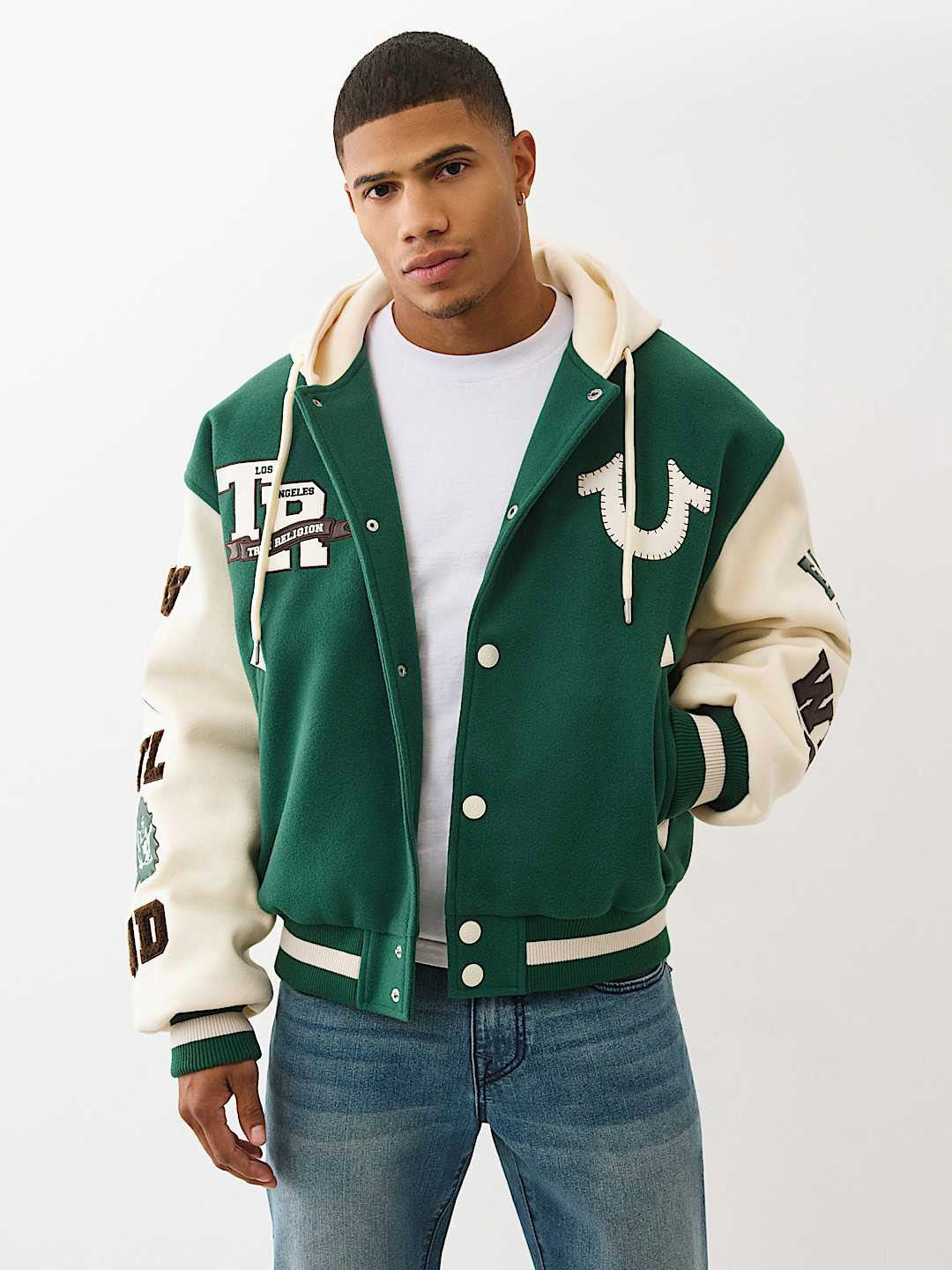 Men green embroidered hooded fit varsity jacket