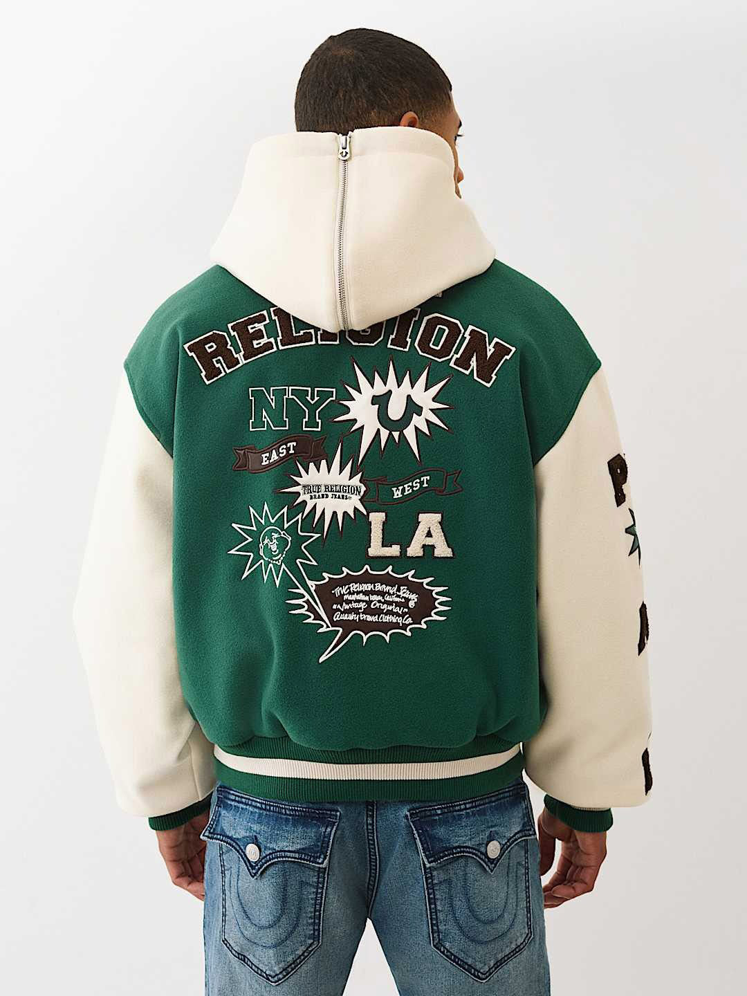 Men green embroidered hooded fit varsity jacket