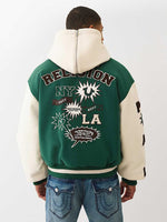 TRUE RELIGION Men Green Embroidered Hooded Fit Varsity Jacket