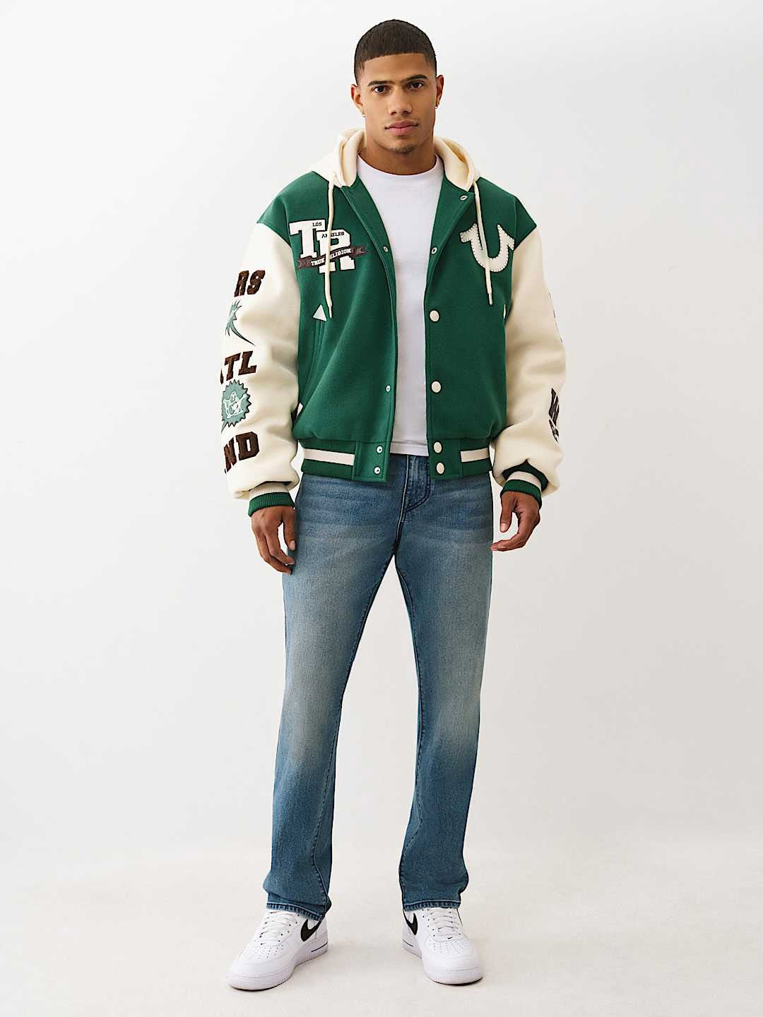 Men green embroidered hooded fit varsity jacket