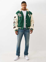 TRUE RELIGION Men Green Embroidered Hooded Fit Varsity Jacket