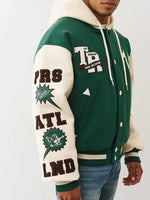 TRUE RELIGION Men Green Embroidered Hooded Fit Varsity Jacket