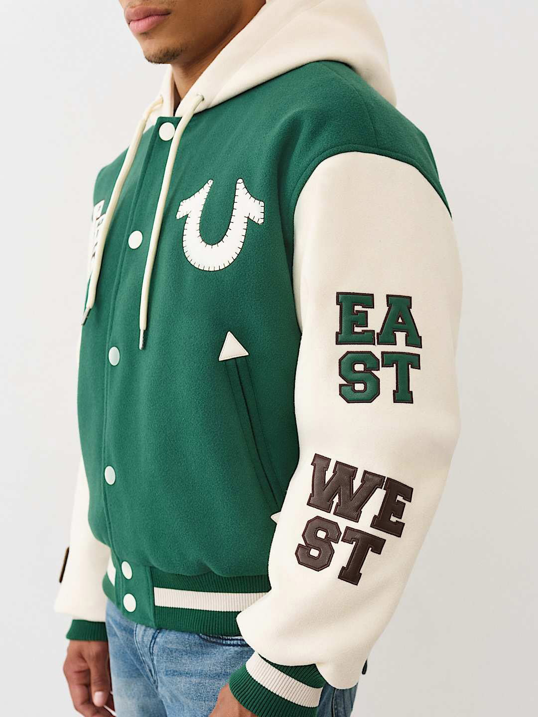 Men green embroidered hooded fit varsity jacket
