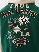 TRUE RELIGION Men Green Embroidered Hooded Fit Varsity Jacket