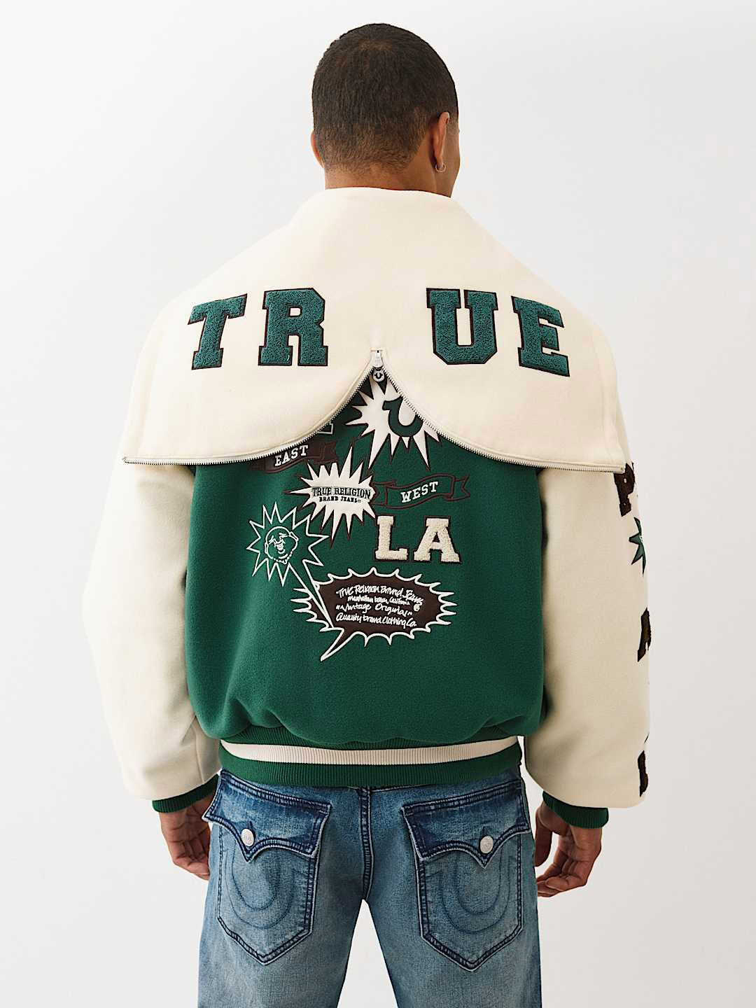 Men green embroidered hooded fit varsity jacket