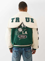 TRUE RELIGION Men Green Embroidered Hooded Fit Varsity Jacket