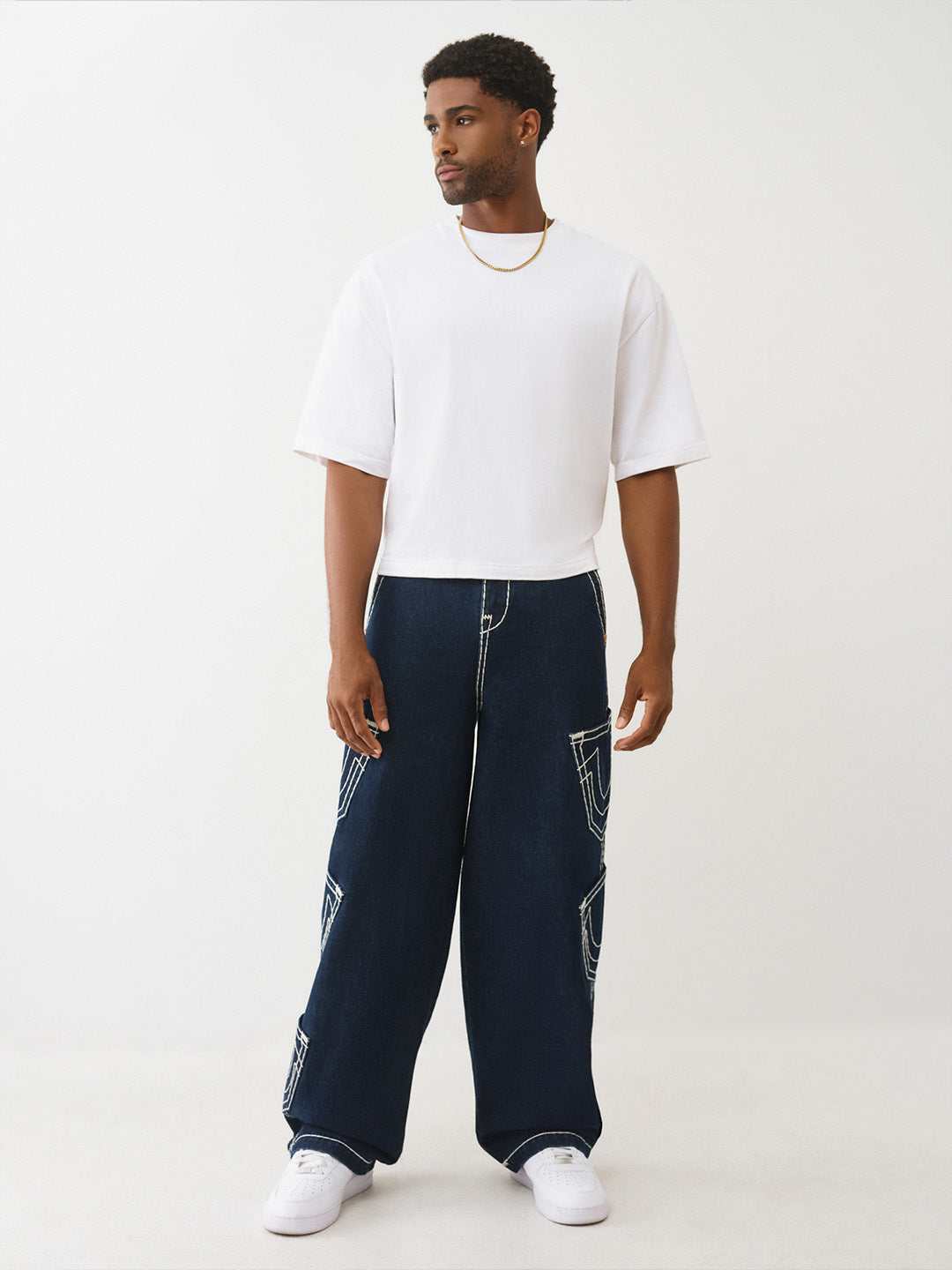 Men oversize navy blue solid pure cotton trouser