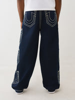 True Religion Men Oversize Navy Blue Solid Pure Cotton Trouser