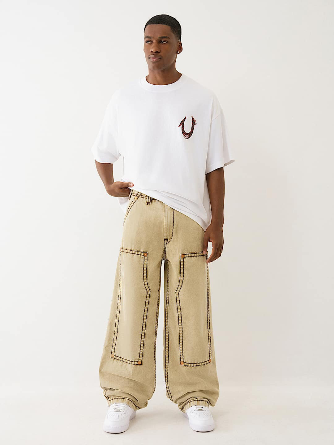 Men beige super t lightly washed mid rise baggy jeans