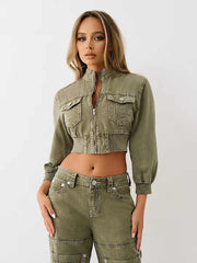 TRUE RELIGION Women Green Boxy Fit Denim Jacket