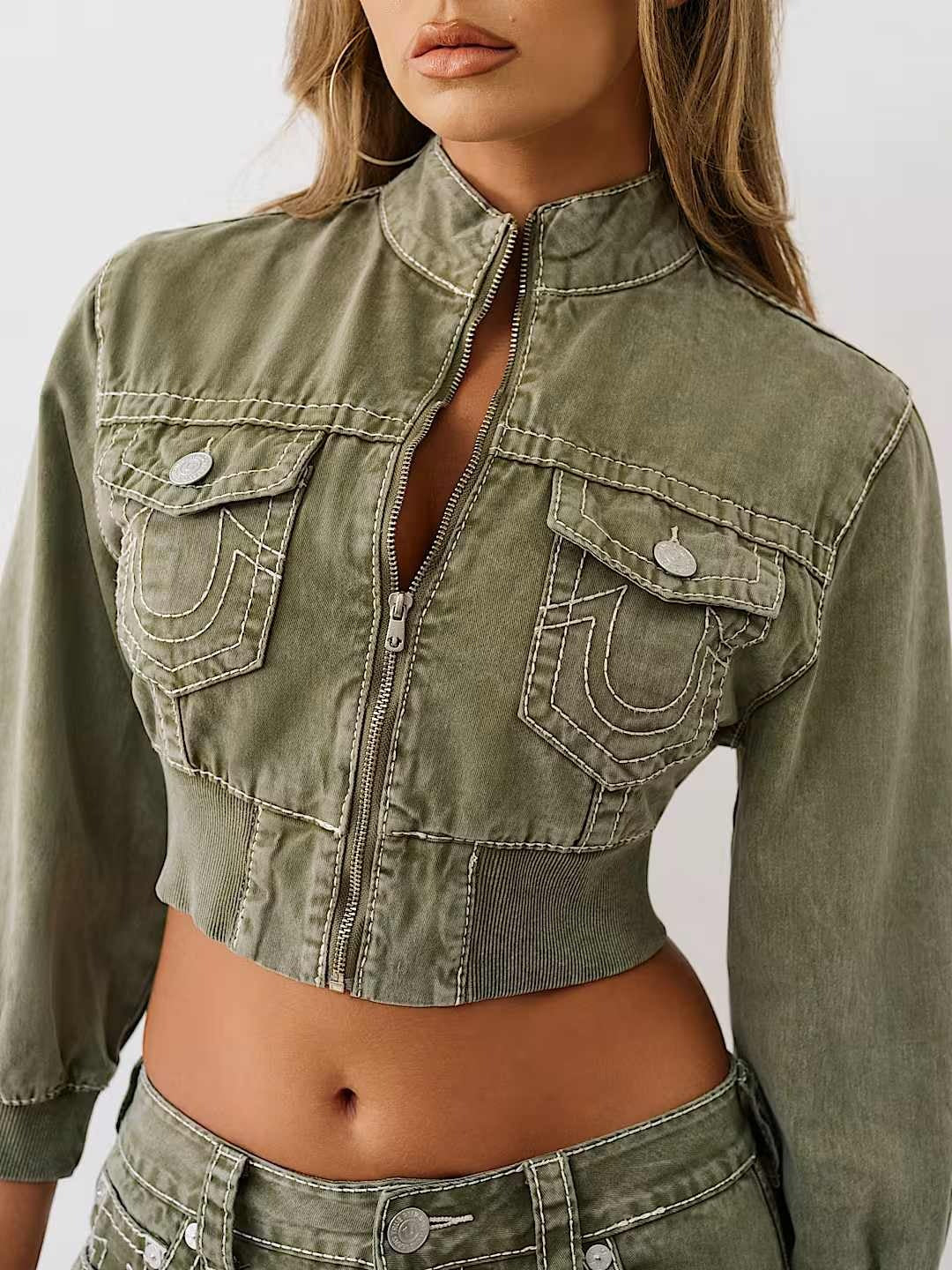 Women green boxy fit denim jacket
